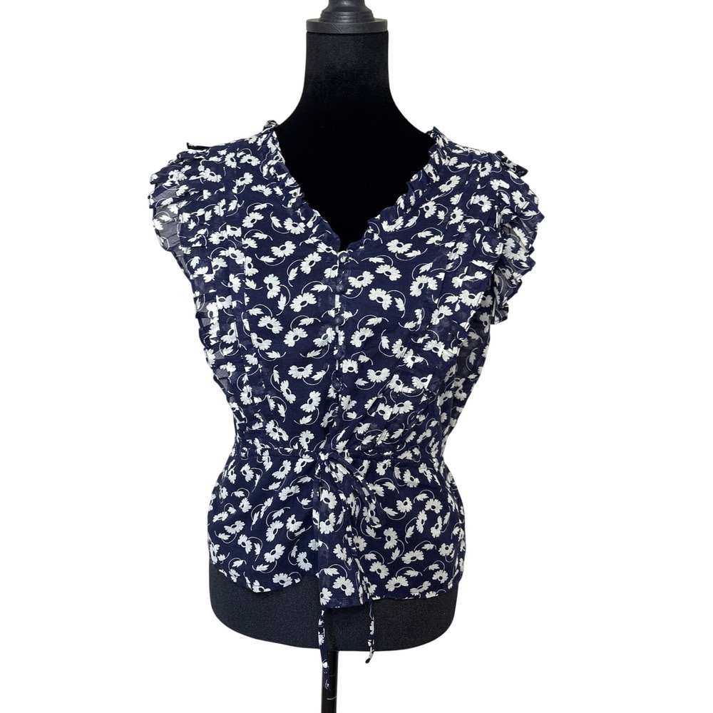 Polo Ralph Lauren Navy Blue Daisy Floral Ruffle Tie Waist Peplum Blouse Size 0